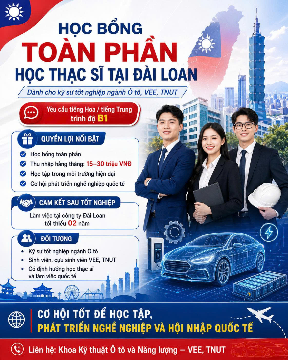 CHƯƠNG TRÌNH HỌC BỔNG THẠC SĨ QUỐC TẾ TẠI ĐÀI LOAN DÀNH CHO SINH VIÊN NGÀNH Ô TÔ – VEE, TNUT